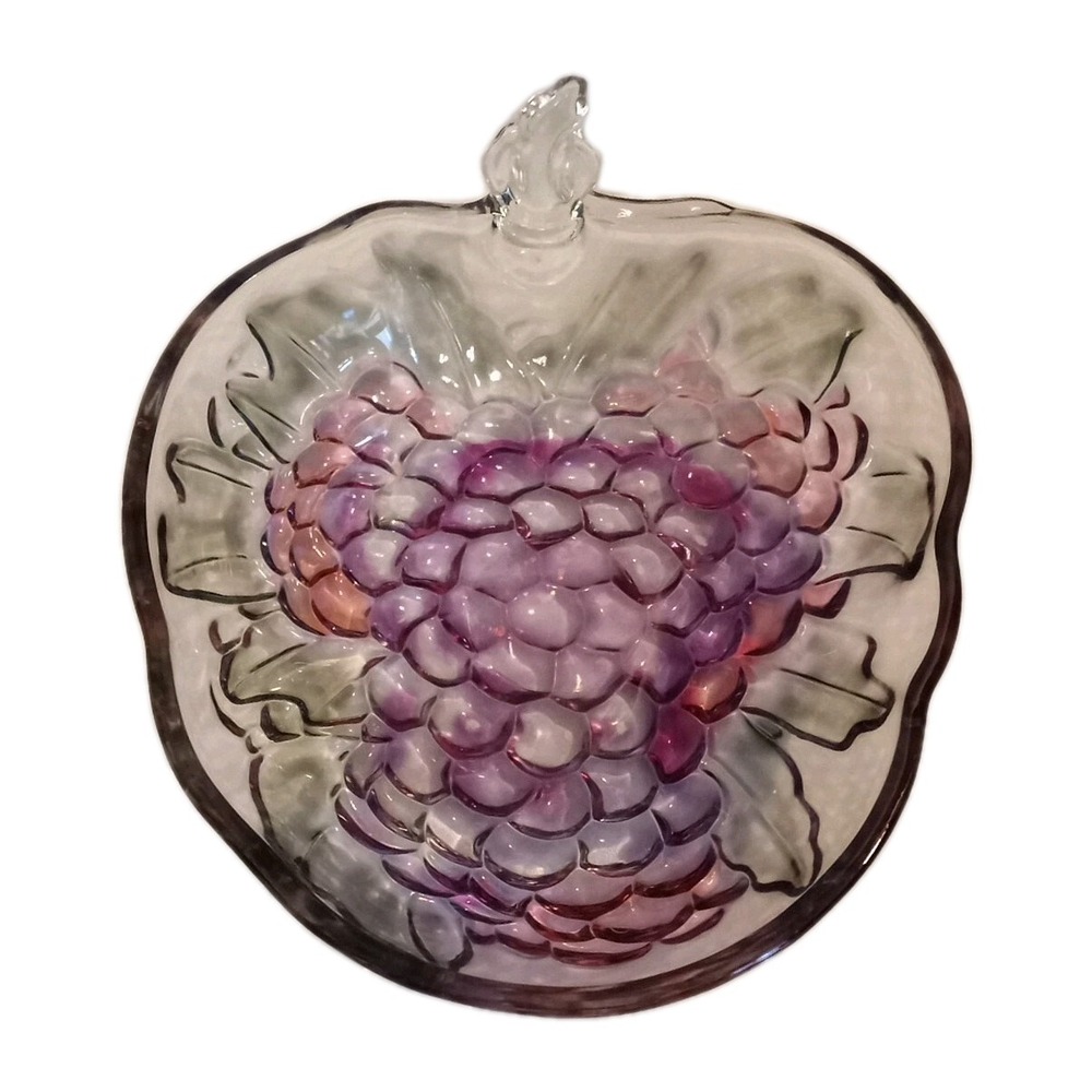 Vtg Indiana Glass Grape Shaped Serving Bowl Purple Green Clear Embossed READ